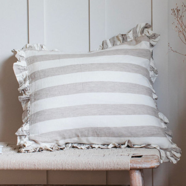 Also Home Olivia Linen Ruffle Cushion Natural Stripe 65x65cm