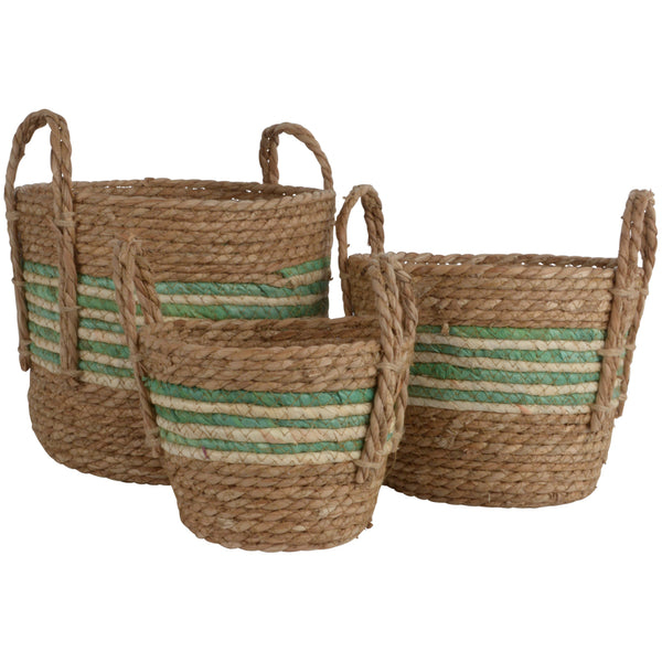 Grand Illusions Set of 3 Straw & Corn Baskets - Green Stripe