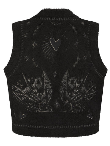 Nooki Design Free Bird Embroidered Faux Shearling Gilet-Black