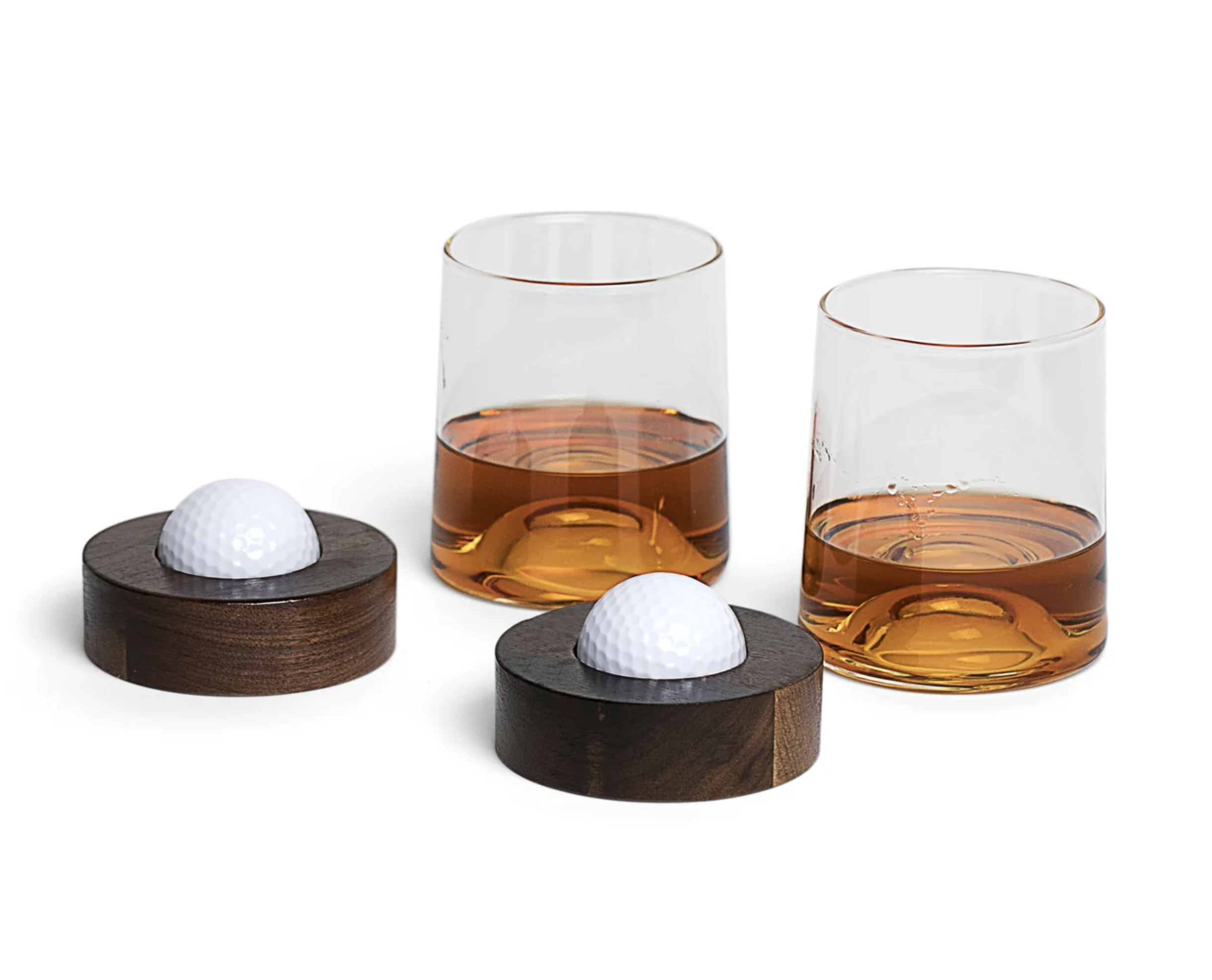 Two Golf Ball Glasses with Coasters