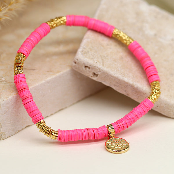 POM Boutique Fimo Bead Bracelet With Gold Plated Disc | Hot Pink