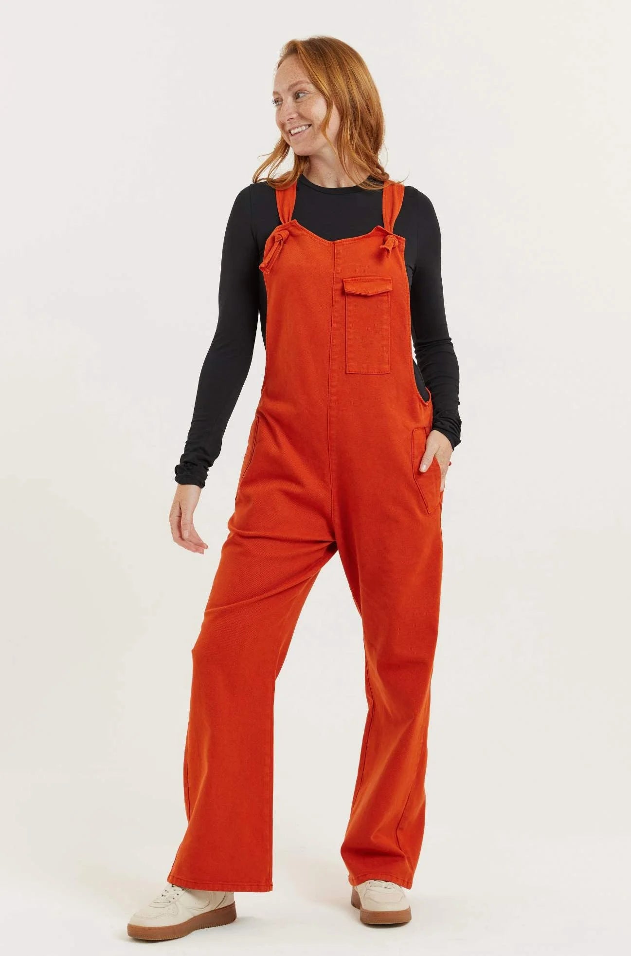 Flax and Loom Mary-Lou Recycled Wood Denim Dungarees - Burnt Orange