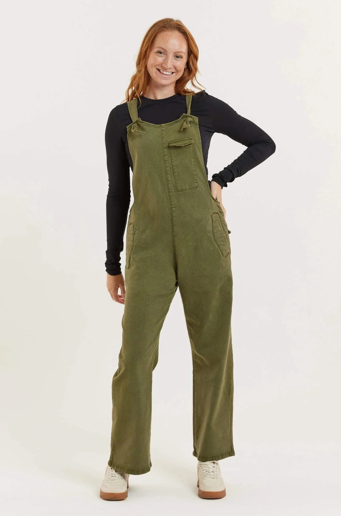 Flax and Loom Mary-Lou Recycled Wood Denim Dungarees - Olive