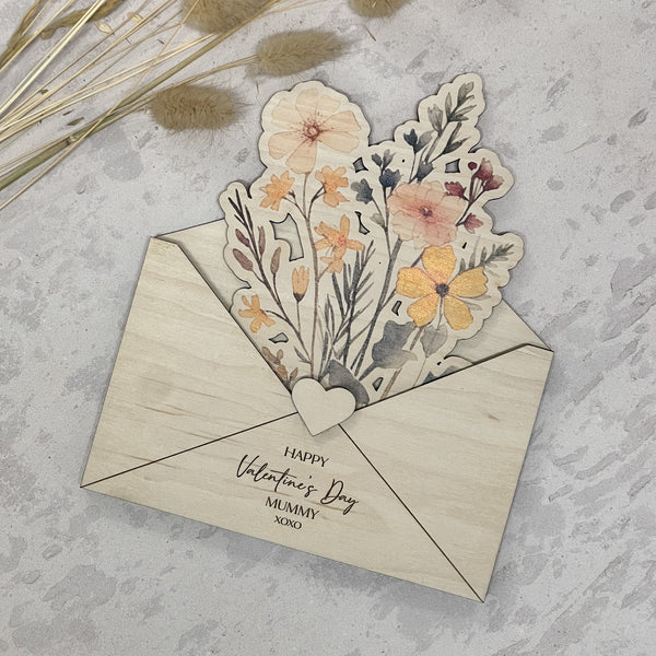 Fox & Bramble Wooden Envelope With Printed Flowers - Small Bouquet