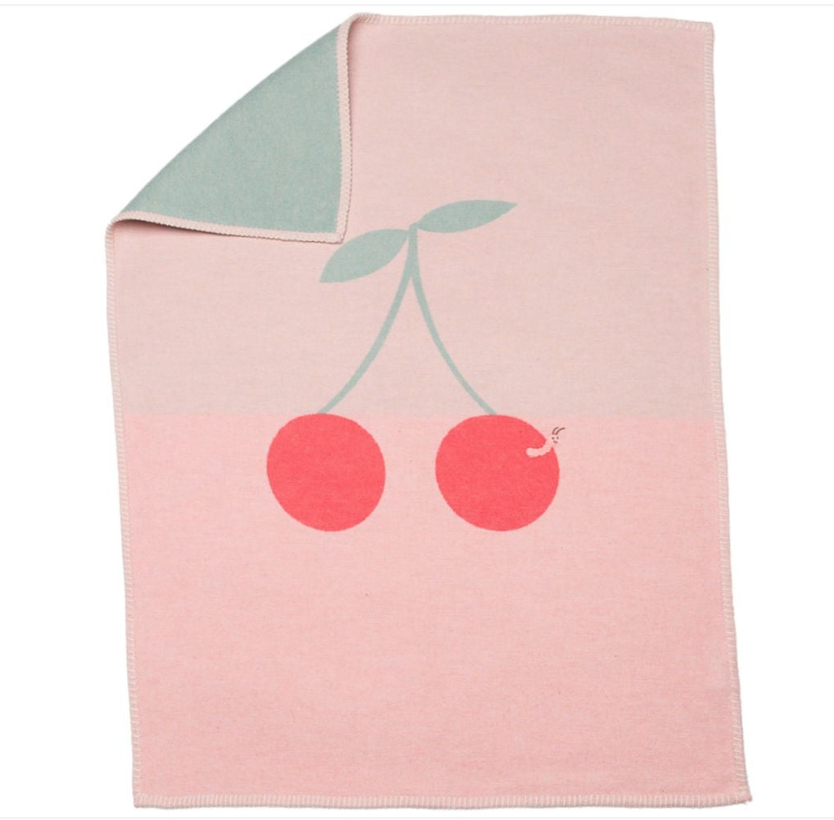 David Fussenegger Cherries with Worm LILI Embroidered Baby Blanket