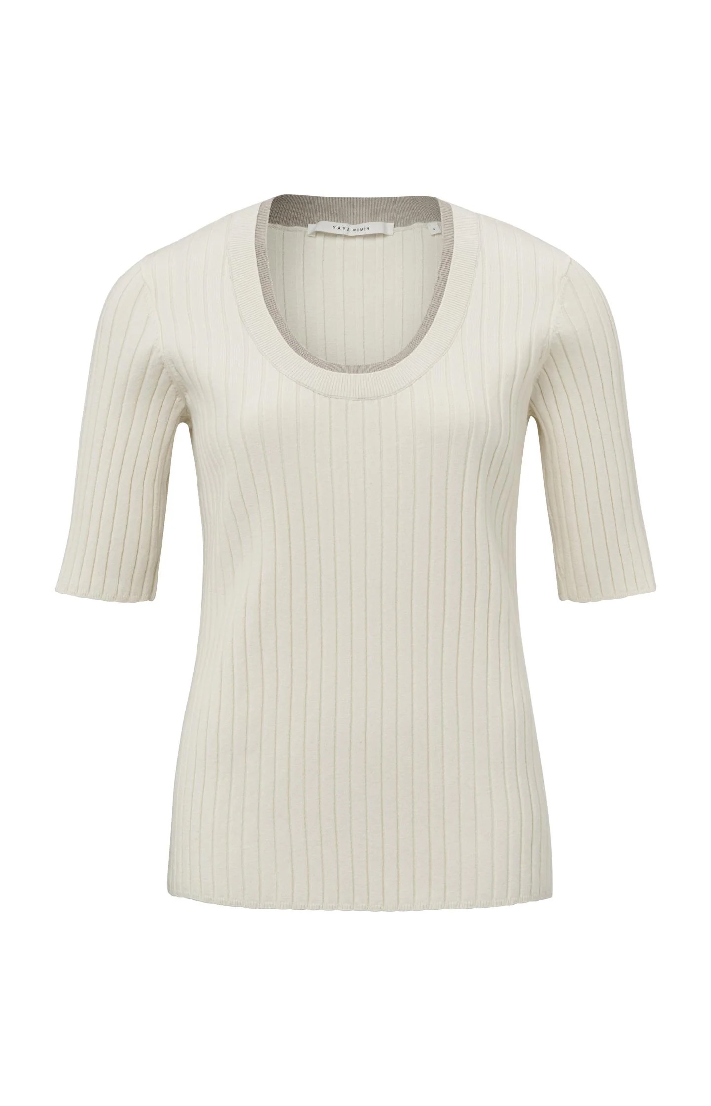 Yaya Ribbed Sweater With Round Neck And Half Sleeves In Slim Fit - Off White Knit
