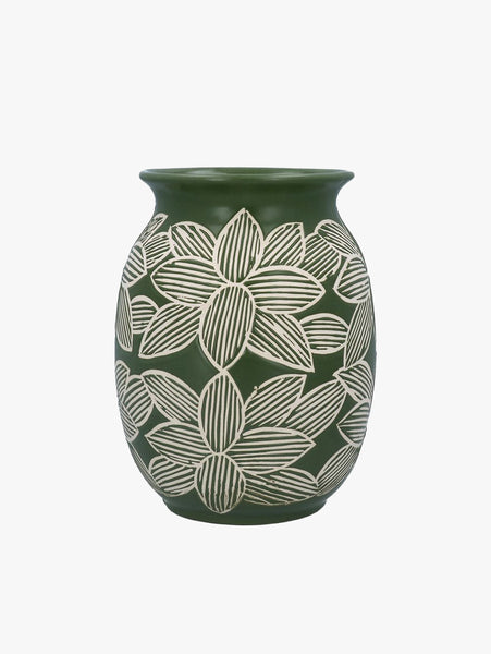 Gisela Graham Green Etched Flowers Stoneware Vase