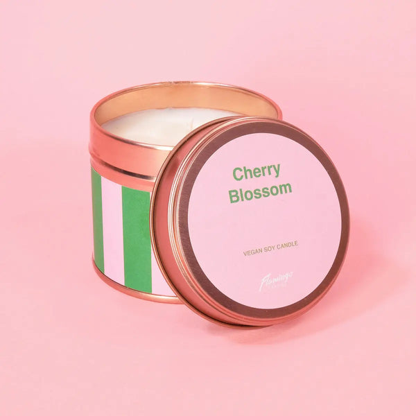 Flamingo Candles Cherry Blossom Pink & Green Stripe Tin Candle