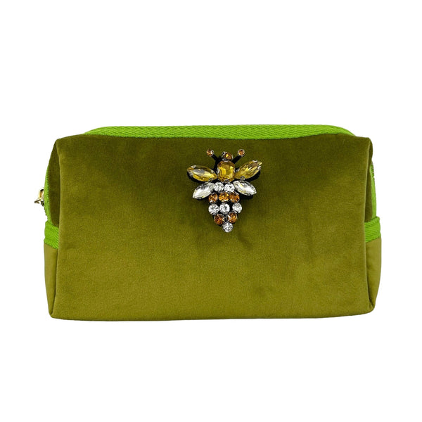 SIXTON LONDON Medium Recycled Velvet Make-up Bag With Queen Bee Pin In Chartreuse