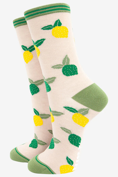 Miss Shorthair Sock Talk - Women's Bamboo Socks | Cream & Green Lemon & Lime
