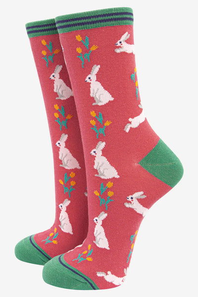 Miss Shorthair Sock Talk - Women's Bamboo Socks | Pink & Green Spring Rabbit