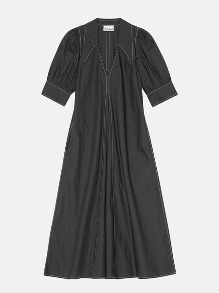 Ganni Cotton Poplin V-Neck Midi Dress - Black