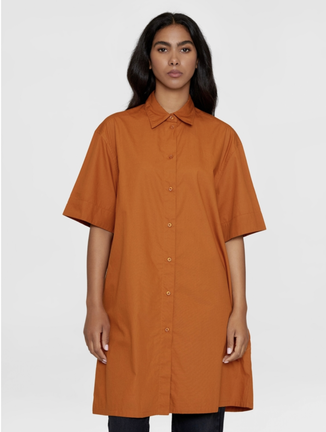 Knowledge Cotton Apparel  2090036 A-Shape Short Sleeved Poplin Shirt Dress Leather Brown
