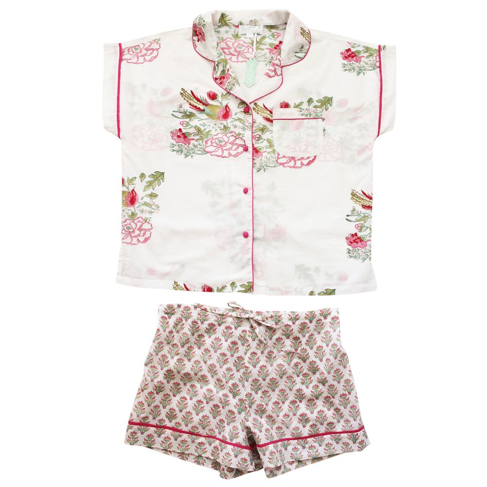 Powell Craft Block Printed Floral Bird Cotton Short Pyjama Set