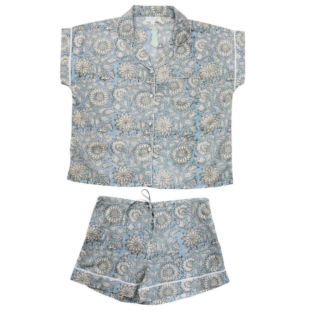 Powell Craft Block Printed Blue Cornflower Cotton Short Pyjama Set