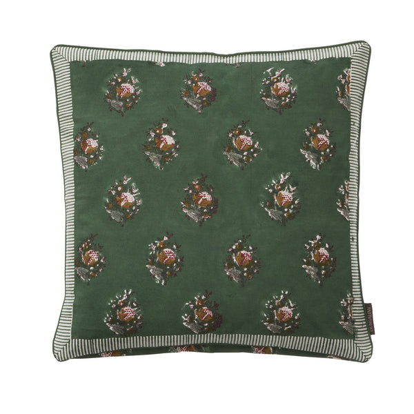Bungalow DK 'diya' Fern Green Block Printed Cotton Cushion Cover, 50 X 50 Cm
