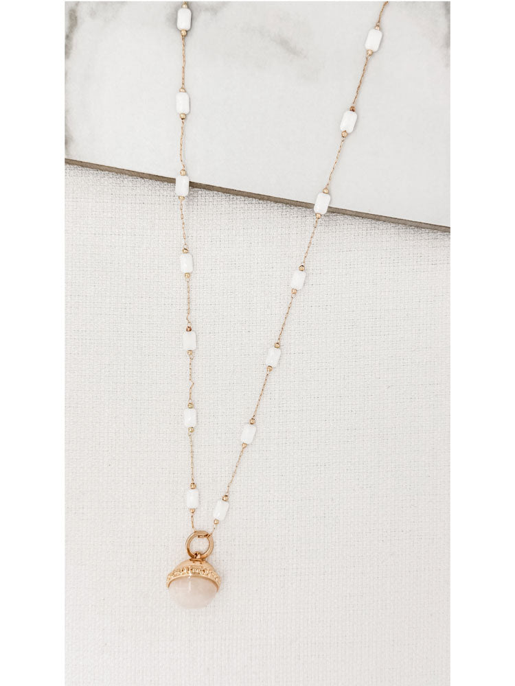 Envy Long Gold & White Necklace with Pale Pink Stone Pendant