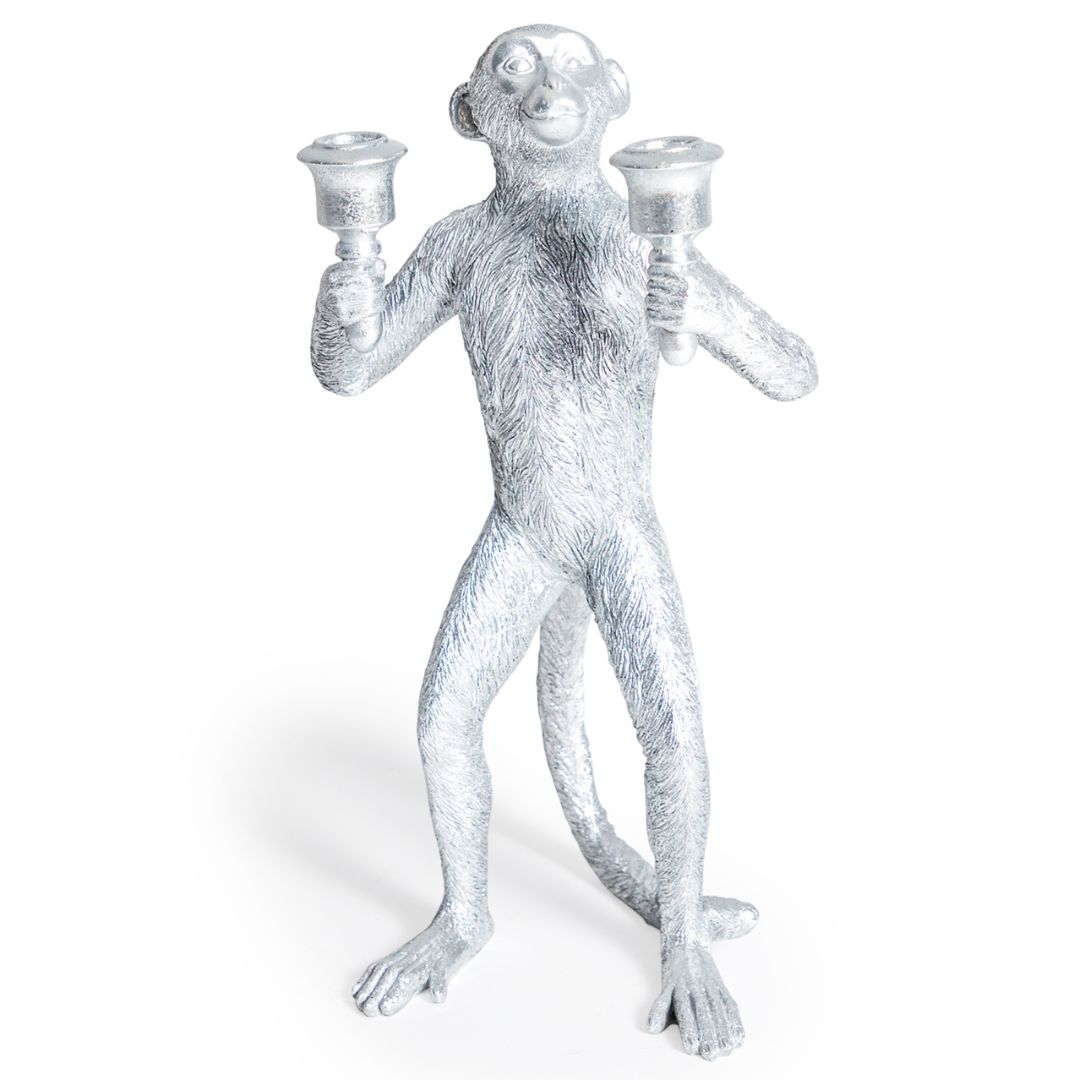 &Quirky Antiqued Silver Standing Monkey Candelabra