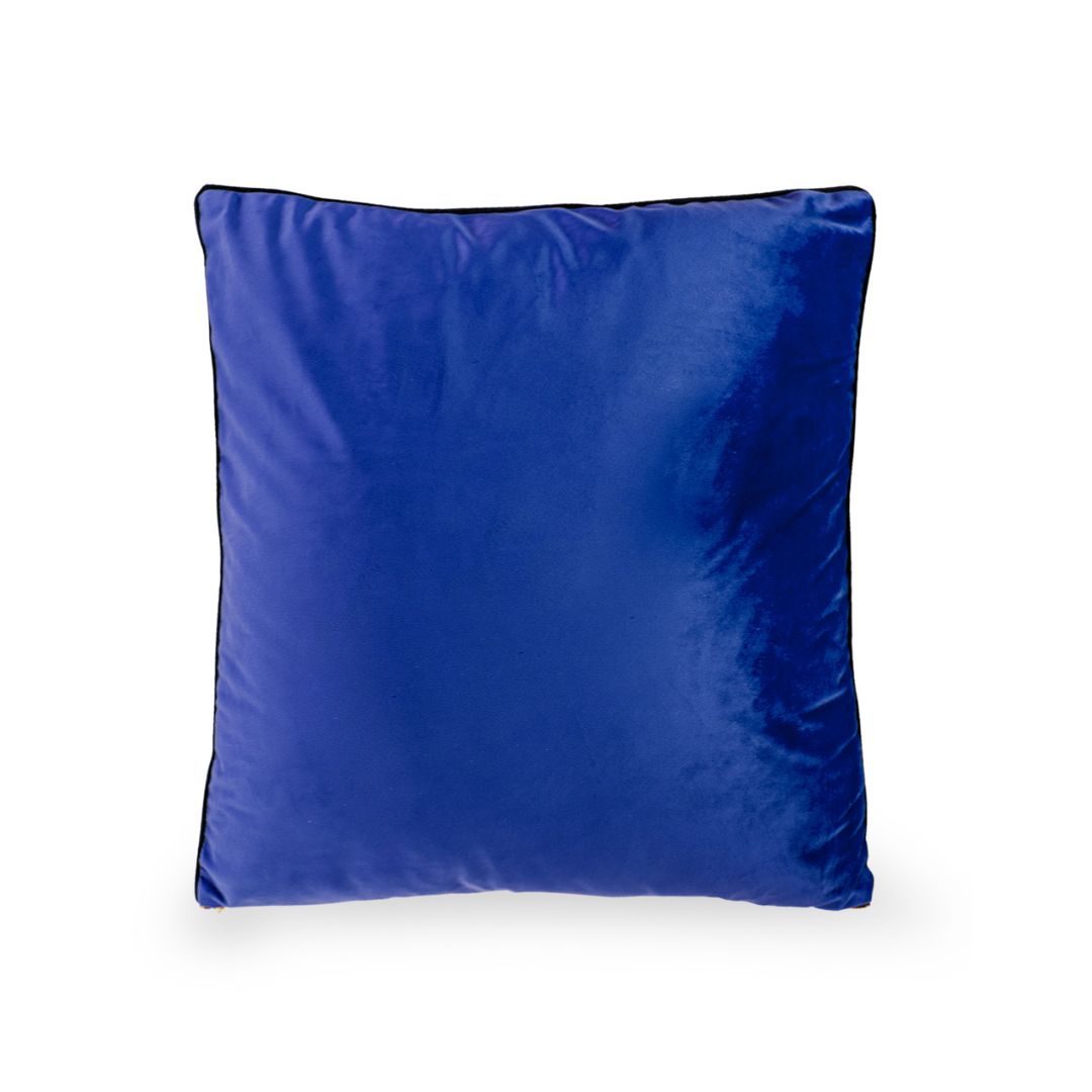 &Quirky Large Blue Velvet Cushion with Gold Effect Zip Detail