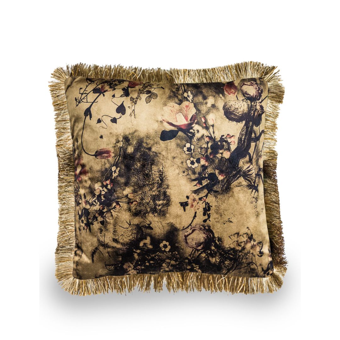 &Quirky Boho Floral Velvet Cushion with Champagne Fringe Detail