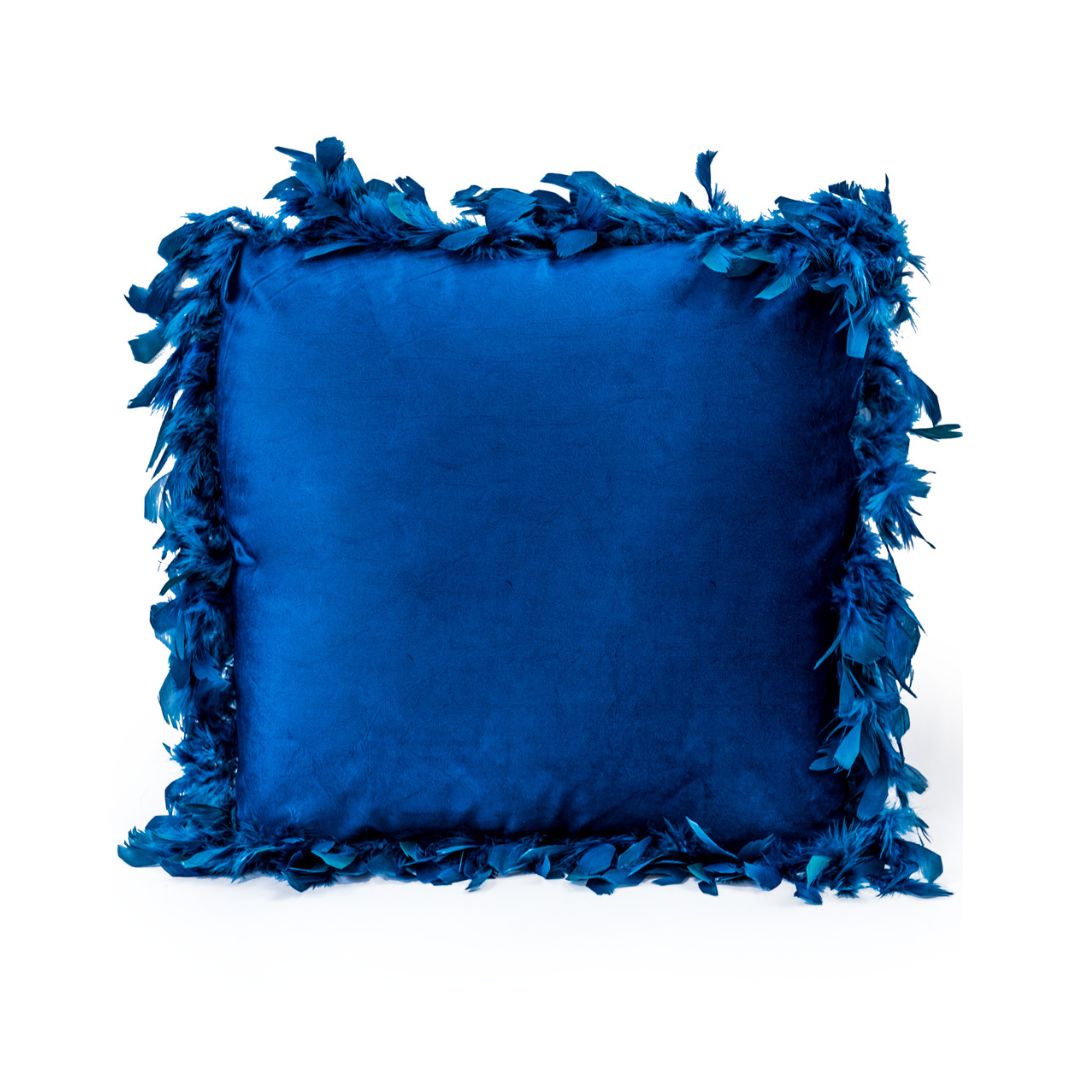 &Quirky Blue Feather Edged Square Velvet Cushion