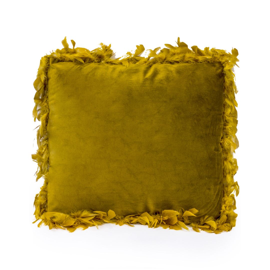 &Quirky Mustard Yellow Feather Edged Square Velvet Cushion