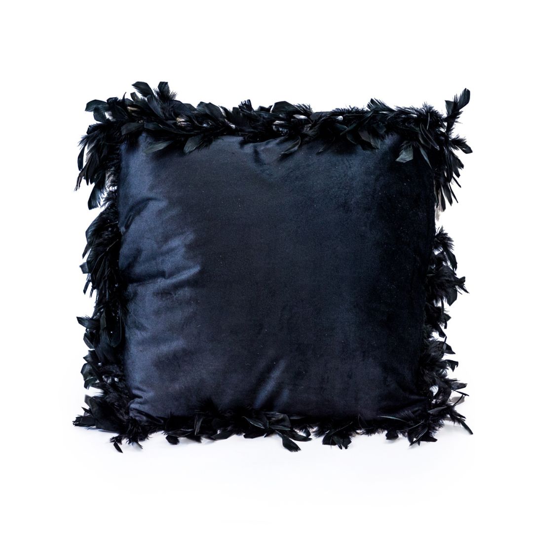 &Quirky Black Feather Edged Square Velvet Cushion