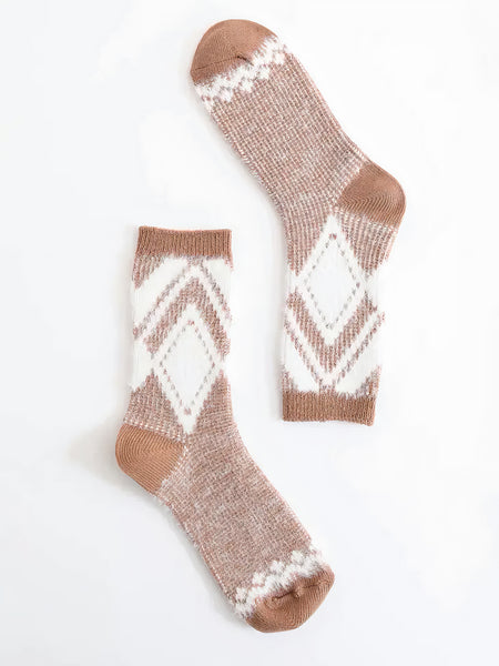 leto Faux Mohair Aztec Pattern Socks- Brown
