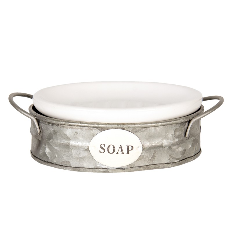 clayre & Eef Soap Dish 16x11x6 cm White and Grey Metal Oval