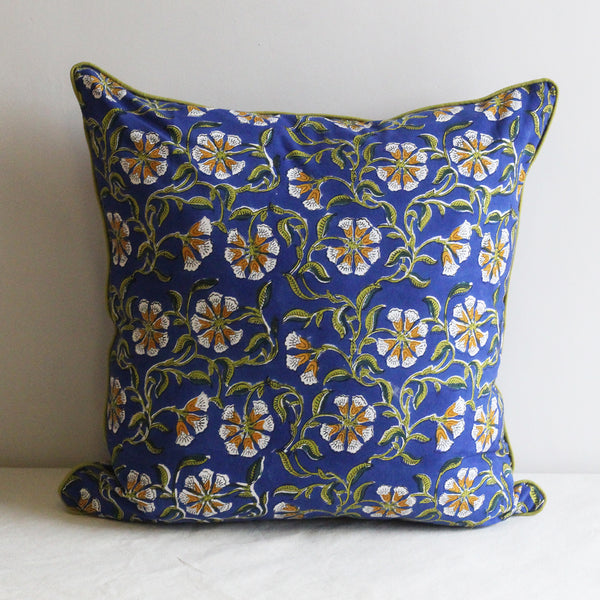Aryas World 'chakri' Blue Block Print Cotton Cushion Cover With Piping, 50 X 50 Cm