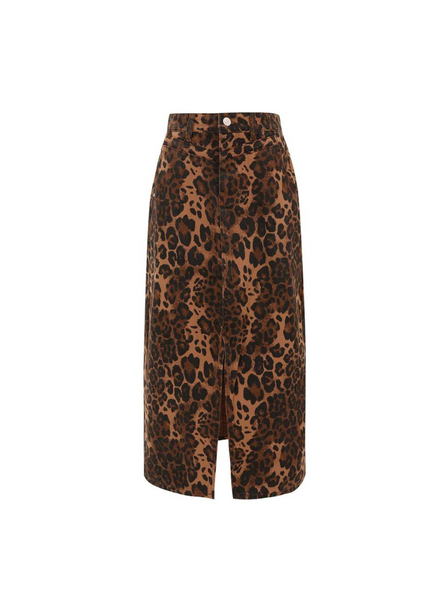FRNCH Nassia Denim Midi Skirt In Leopard From