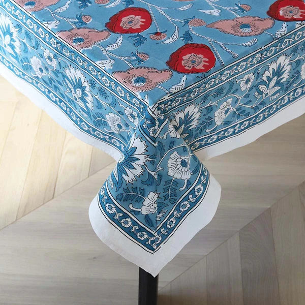 Indienne Cotton Hand Block Printed Tablecloth In Blue And Poppy Red Floral