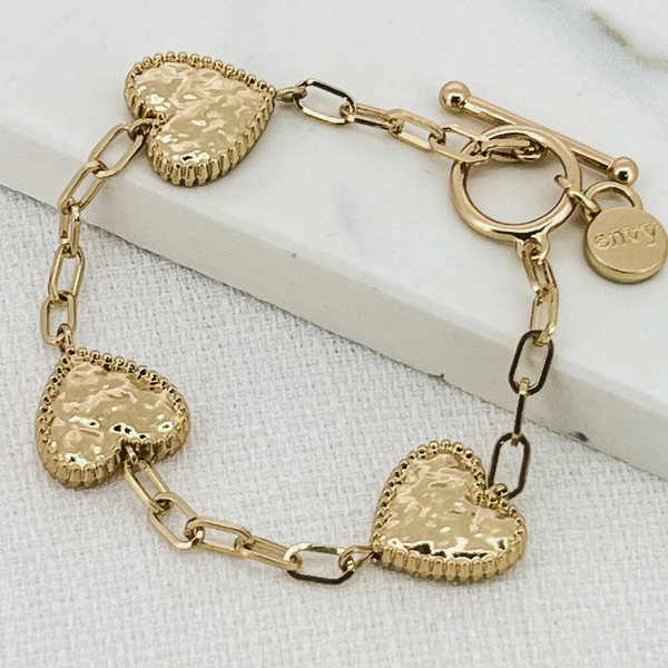 Envy Bracelet - Gold Chain With Hearts, Bar Clasp