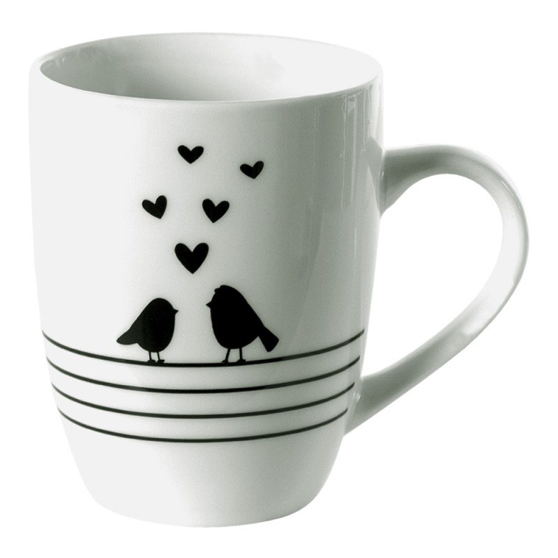 clayre & Eef Mug with Handle. White and Black Porcelain Hearts Birds. 350 ml 