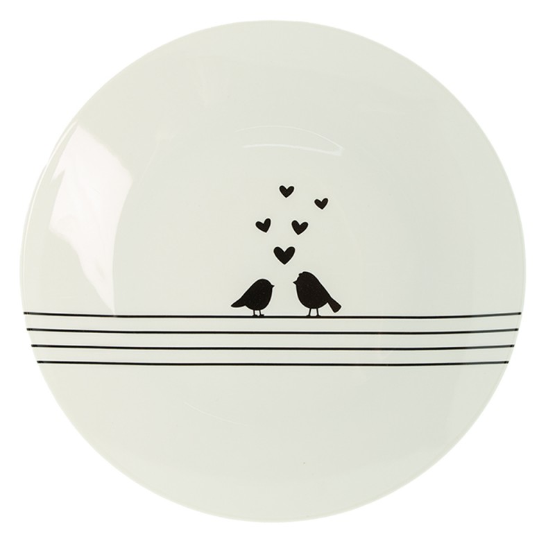clayre & Eef Plate Ø 20 cm White and Black Porcelain Hearts Birds