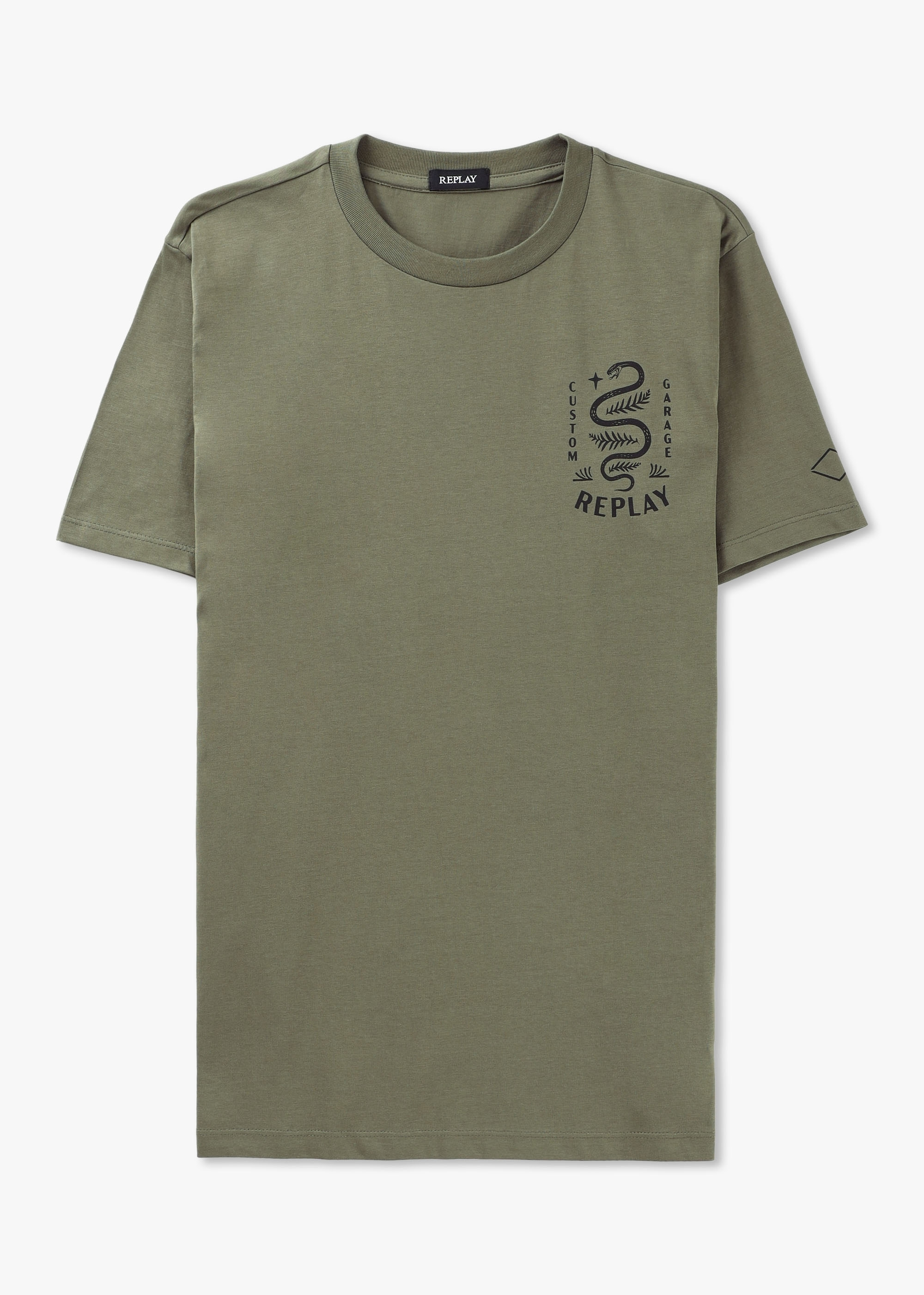 Replay Mens Boost Garage Snake Print T-shirt In Light Military
