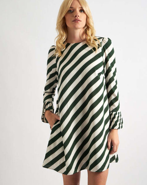 Louche London Louche - Megann Pleat Cuff Mini Dress - Green Diagonal Lines
