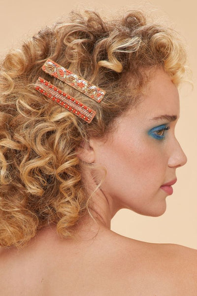 Powder Narrow Jewelled Hair Bar - Coral Ovals & Beads