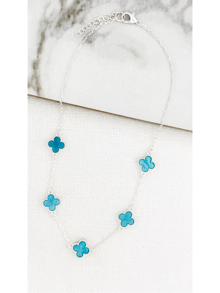 Envy Short Silver Necklace with 5 Turquoise Fleurs