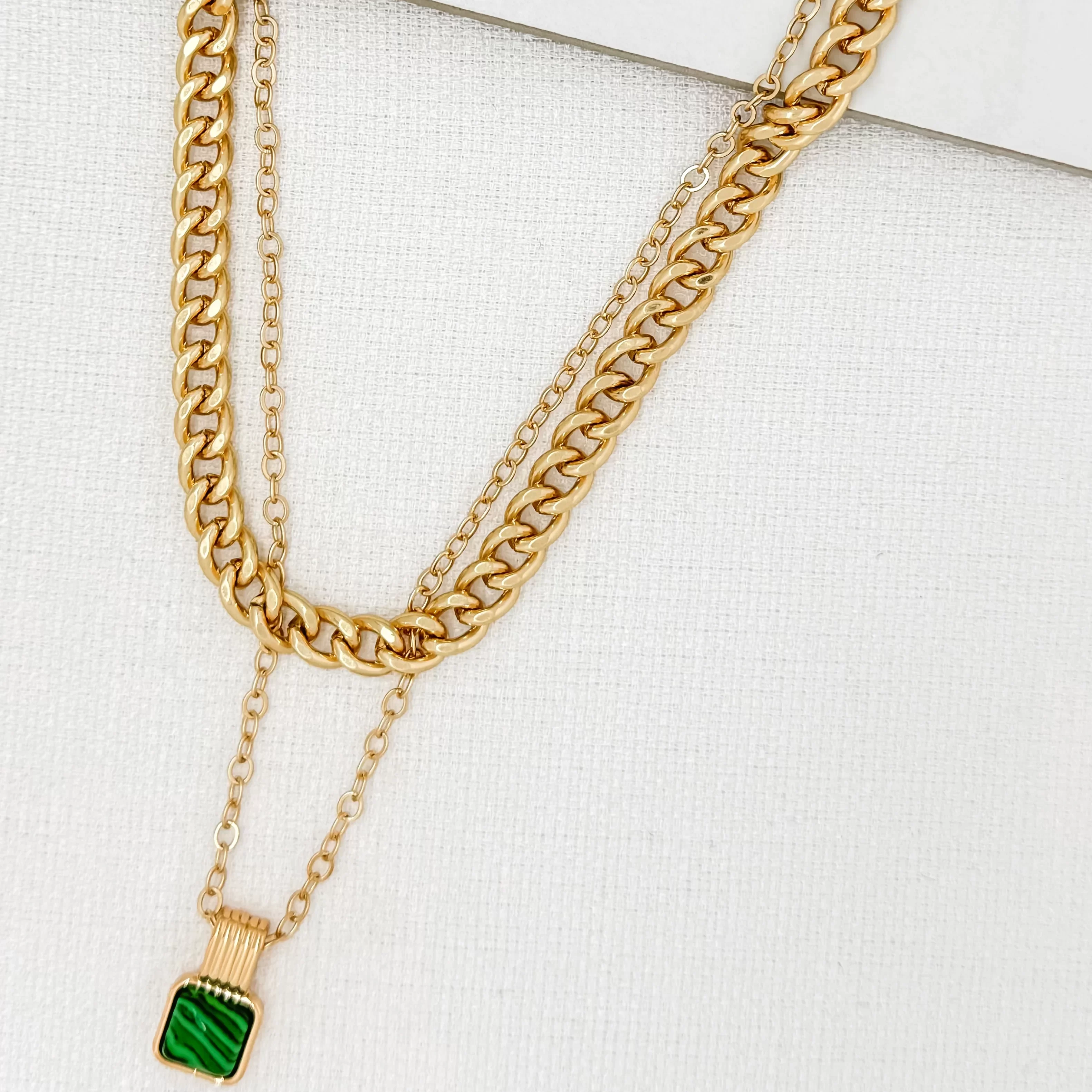 Envy Short Gold Double Layer Necklace with Green Square Pendant
