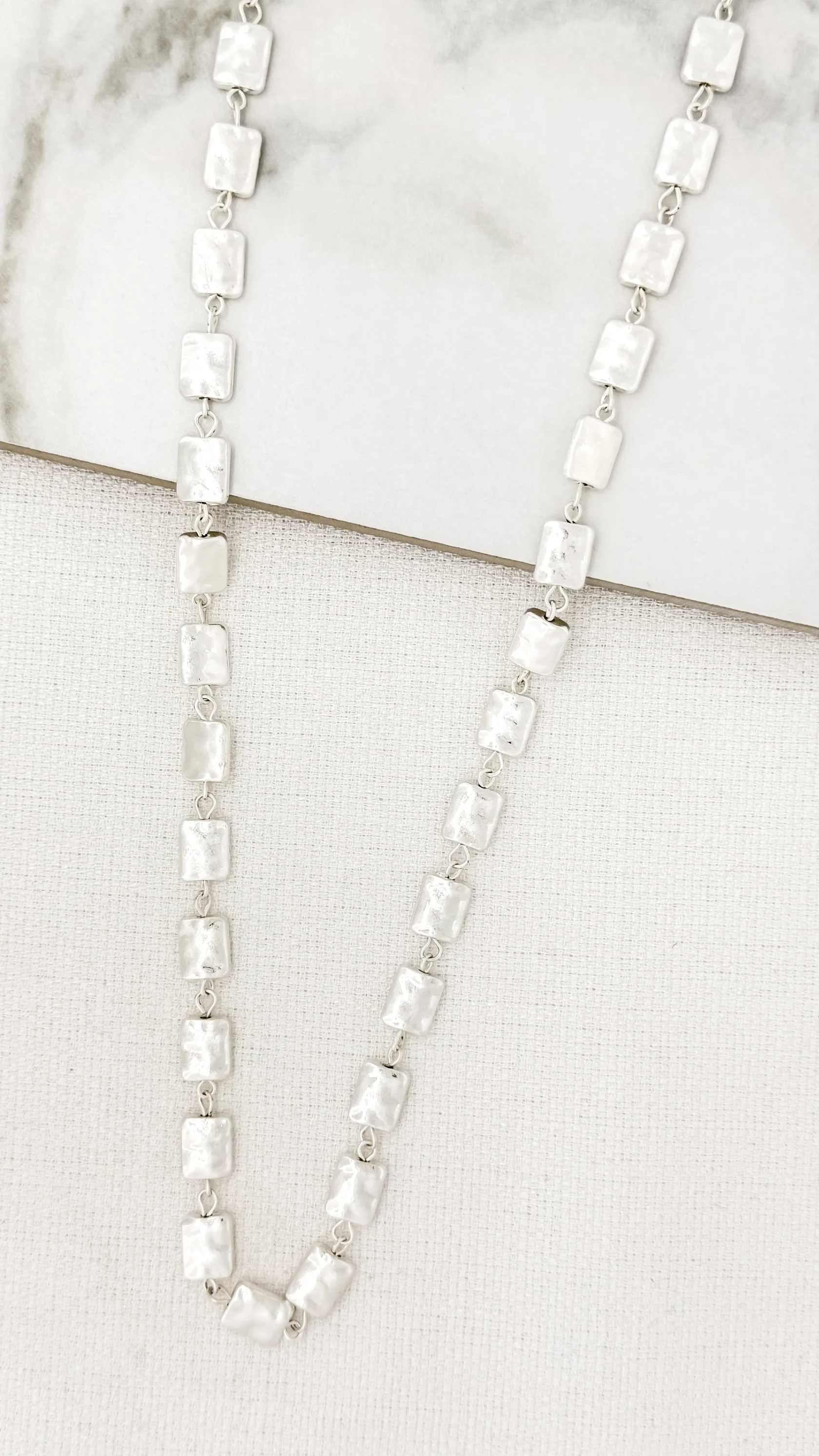 Envy Long Worn Silver Square Link Necklace