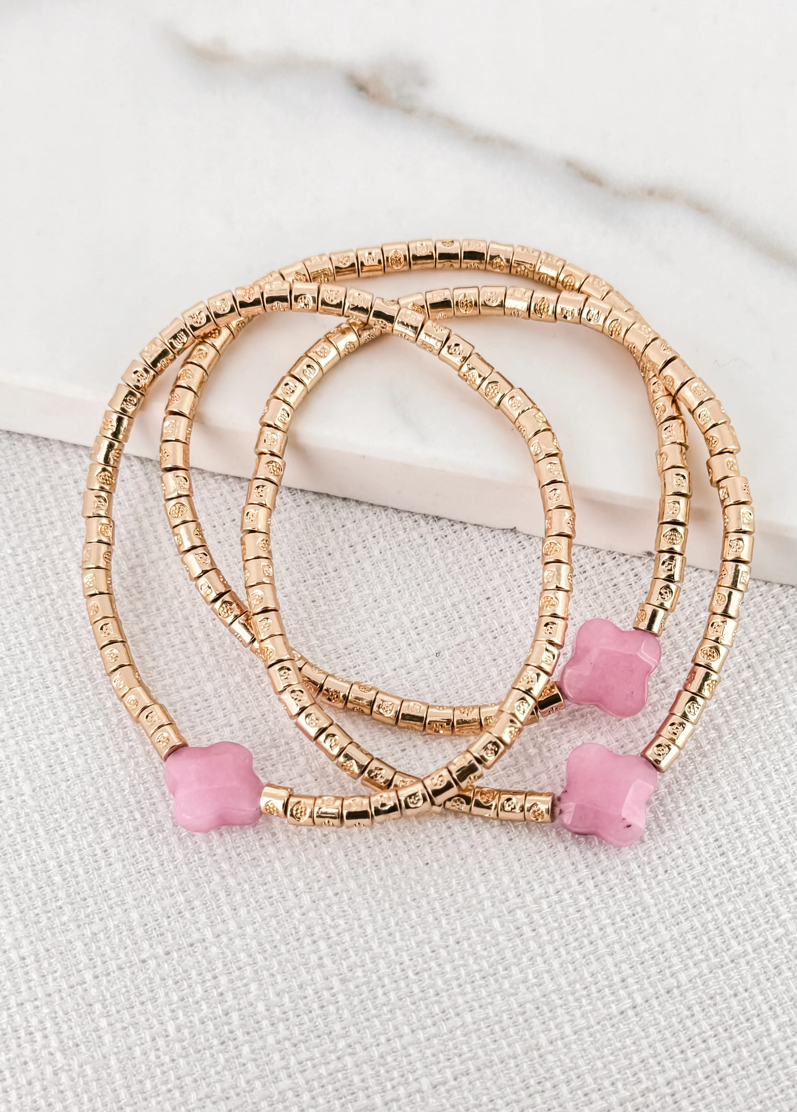 Envy Gold Triple Layer Bracelet with Semi Precious Pink Fleurs
