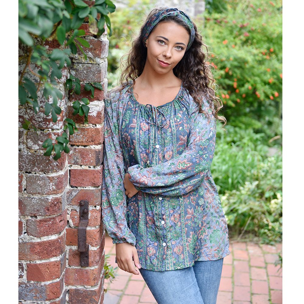Powell Craft Green & Grey Floral Bohemian Blouse