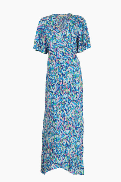 Indi+Will Abstract Print Short Sleeve Dipped Hem Maxi Wrap Dress In Blue