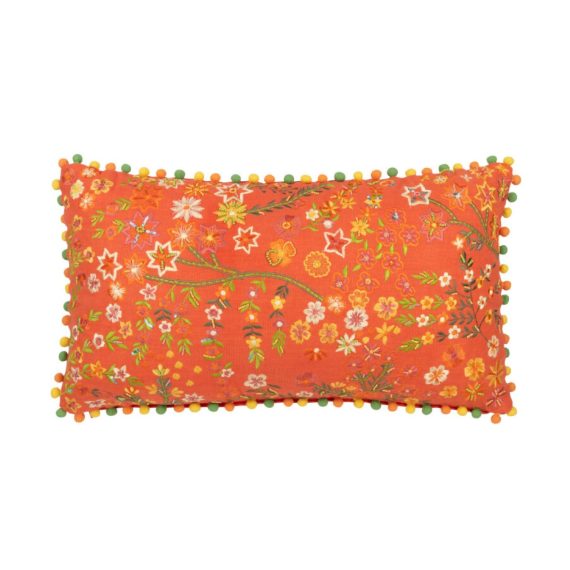 J-Line 65 x 35cm Orange Flower Printed Pom Pom Cushion 