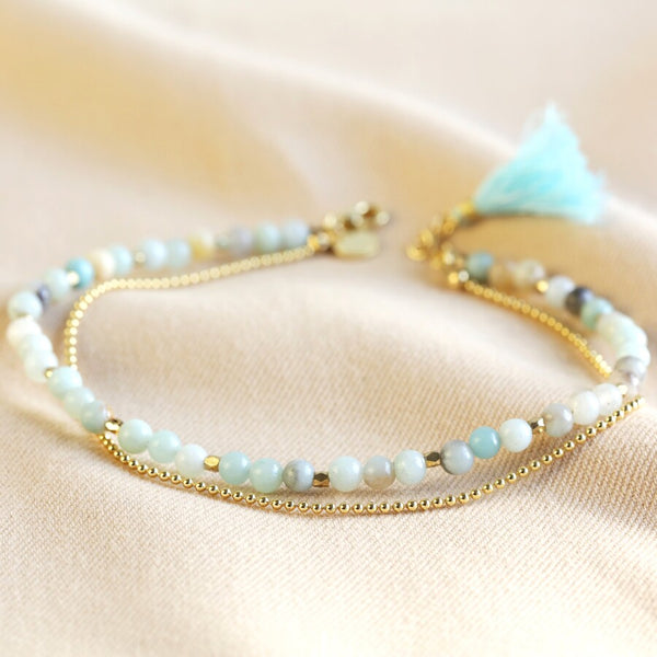 Lisa Angel Semi-precious Stone Bead And Chain Anklet In Pastel Green