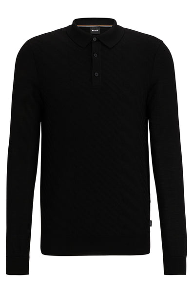 Hugo Boss Boss - Padori Wool Blend Long Sleeve Knitted Polo With Jacquard Structure In Black 50506034 001