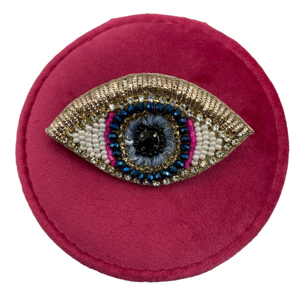 SIXTON LONDON Jewellery Travel Pot In Recycled Velvet With Golden Eye Pin - Pink