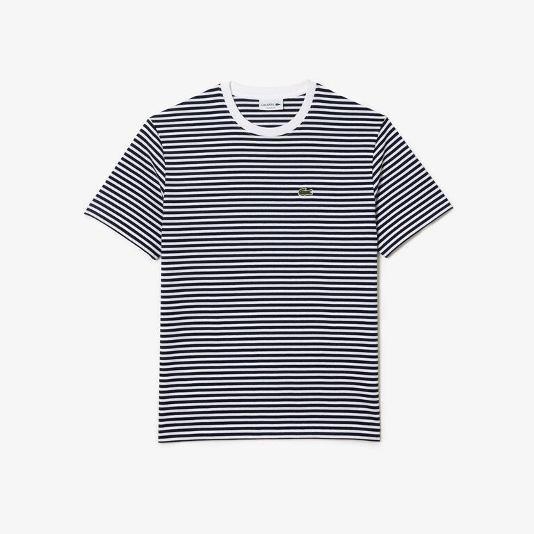 Lacoste Navy and White Cotton Heavy Striped T Shirt 