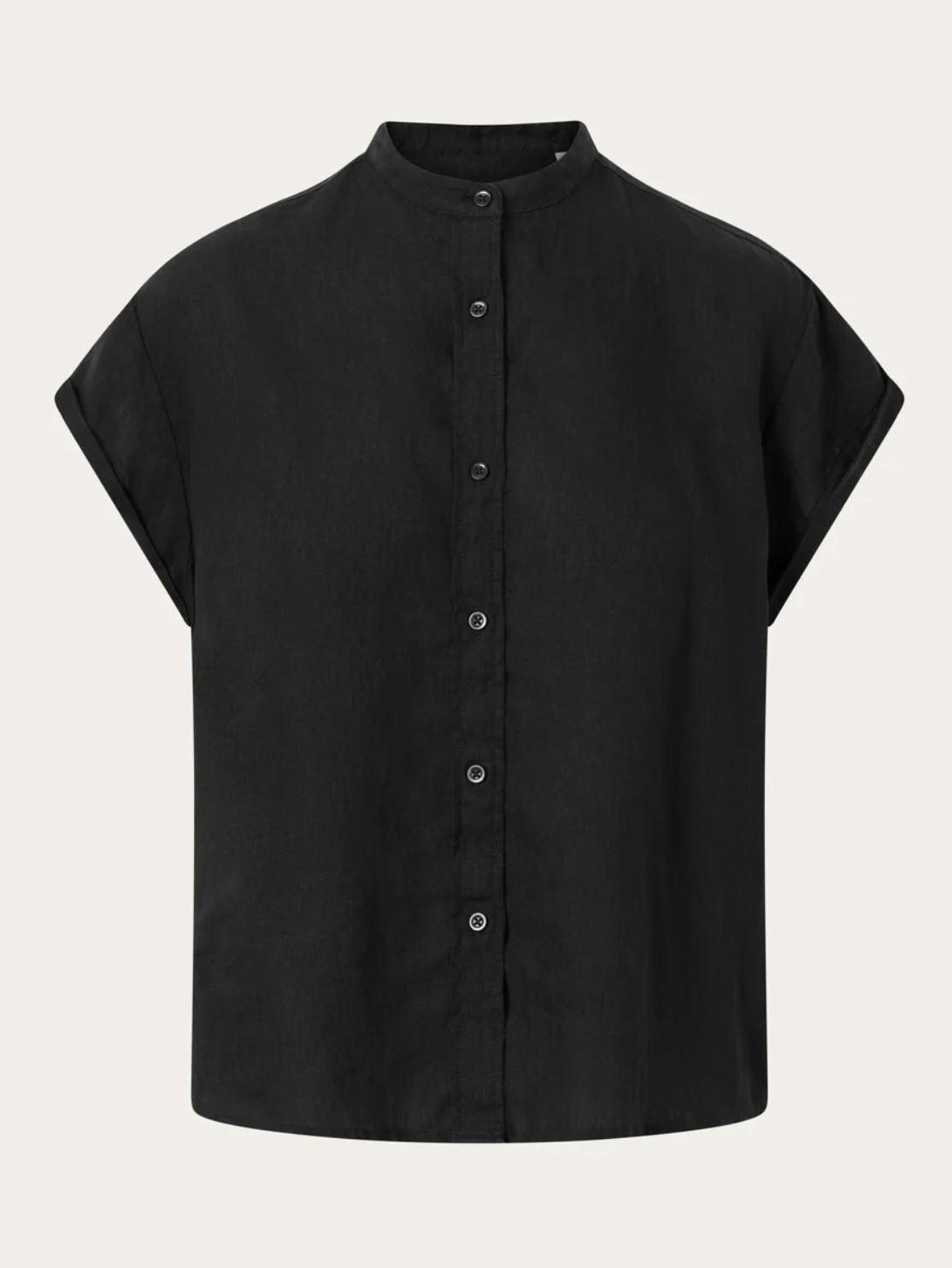 Knowledge Cotton Apparel  2090005 Collar Stand Short Sleeve Linen Shirt Black Jet